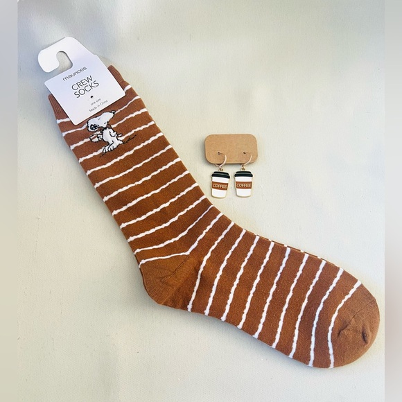 Maurices Snoopy and Coffee Themed Socks with Coffee Cup Dangle Earrings - Picture 4 of 6